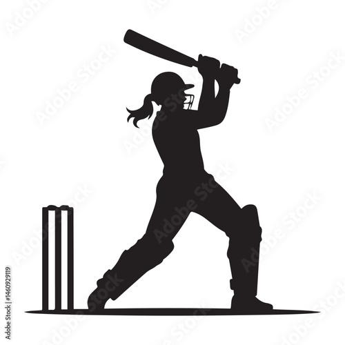Female Cricket player pose Vector Black silhouettes. with white background
