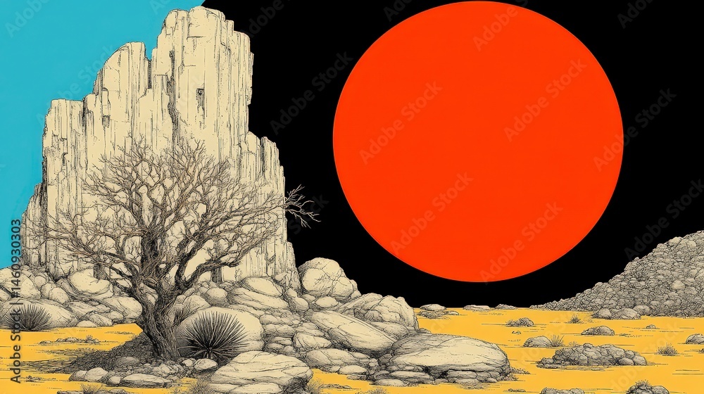 Retro Sci Fi Landscape 80s Minimalist Desert Scene