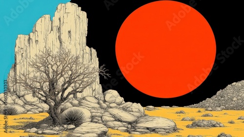Obraz na płótnie Retro Sci Fi Landscape 80s Minimalist Desert Scene w salonie
