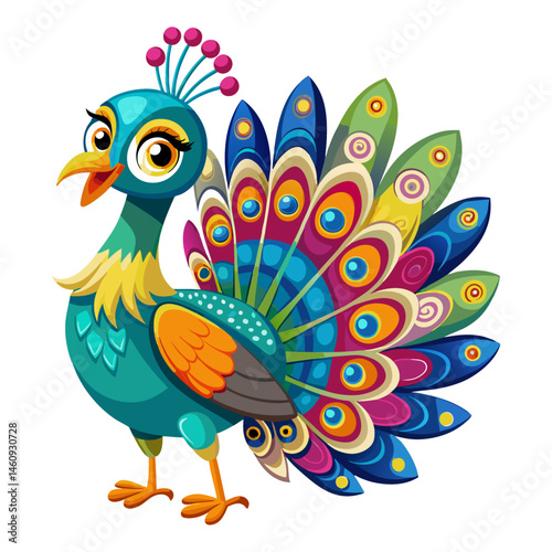 Vibrant colored,  detailed cartoon funny peacock, 3d render