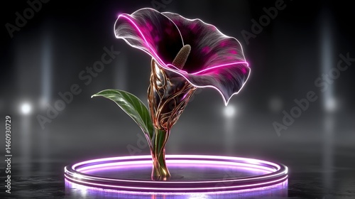 Neon Calla Lily  Futuristic Floral Art  Dark Background  Minimalist Design