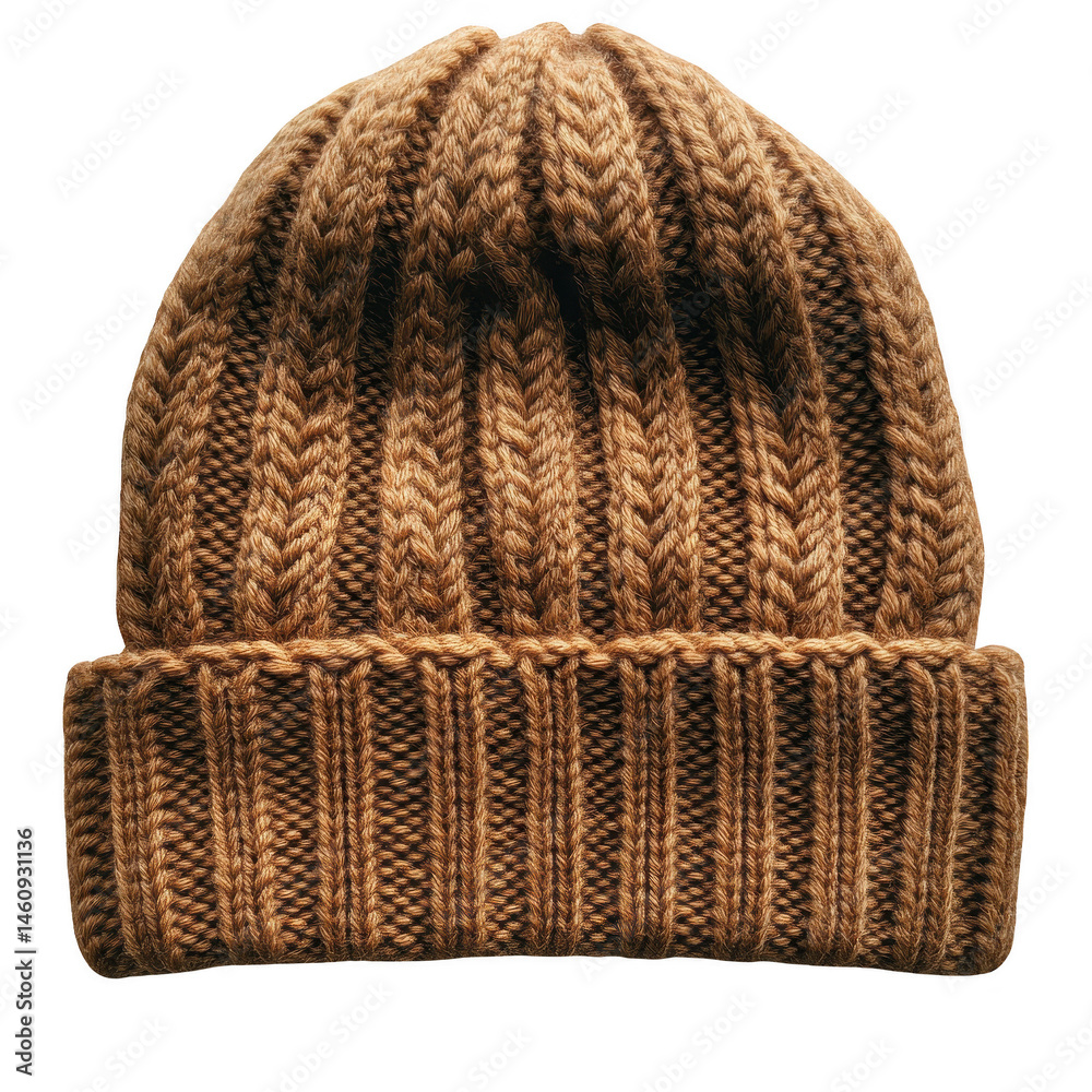 Fototapeta premium Buy knit beanie hat for winter brown wool cap headwear fashion accessory online warm head covering style trend 2024 on transparent background