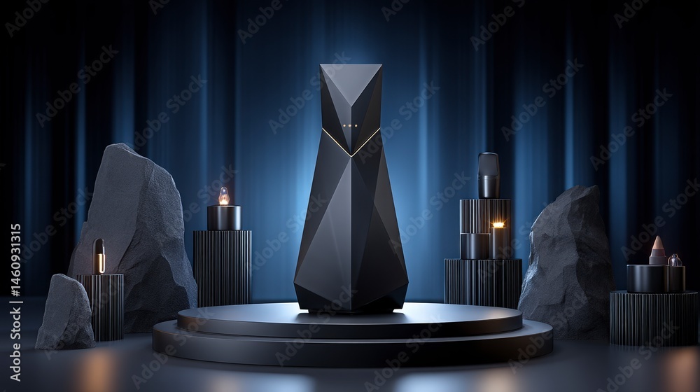 Elegant Black Geometric Speaker on Dark Stage with Candles