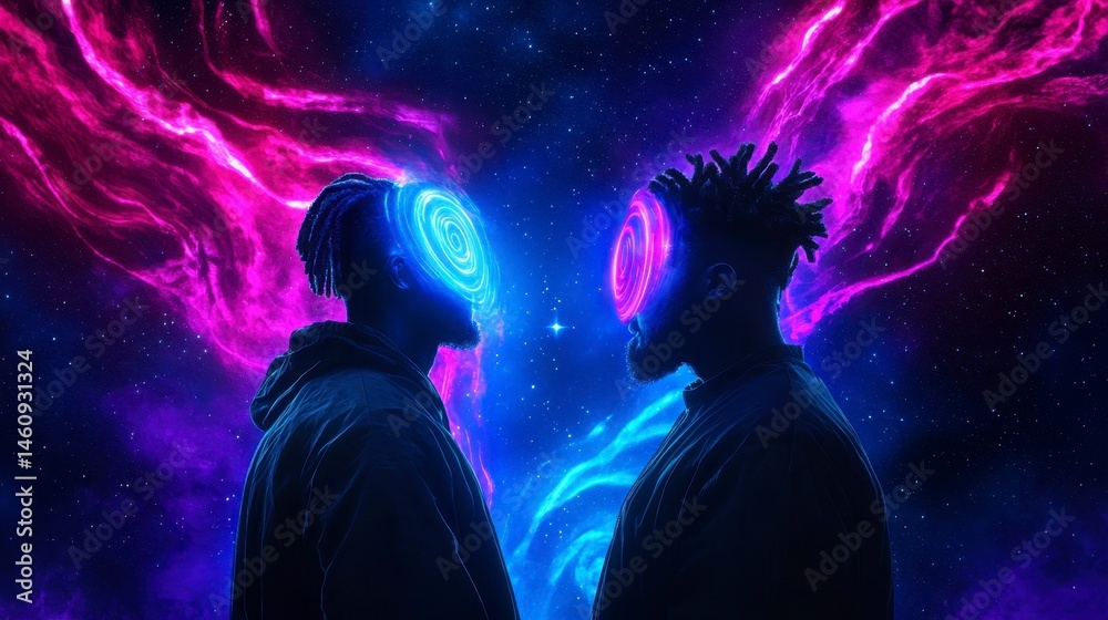 Two individuals facing each other in a surreal cosmic setting with glowing spiral heads and dynamic colorful backgrounds Two individuals facing each other in a surreal cosmic setting with glowing spiral heads and dynamic colorful backgrounds