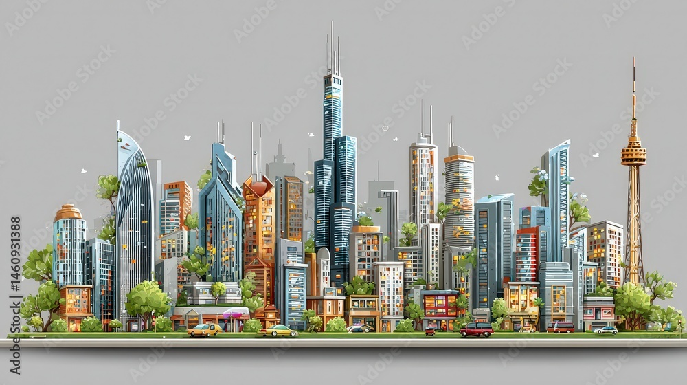 Modern City Skyline Urban Landscape Minimalist Architecture Buildings Skyscrapers Cit