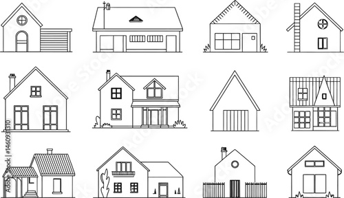 Collection of hand drawn black and white vector house illustrations for real estate or design.