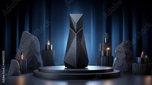Obraz na płótnie Elegant Black Geometric Speaker on Dark Stage with Candles w salonie