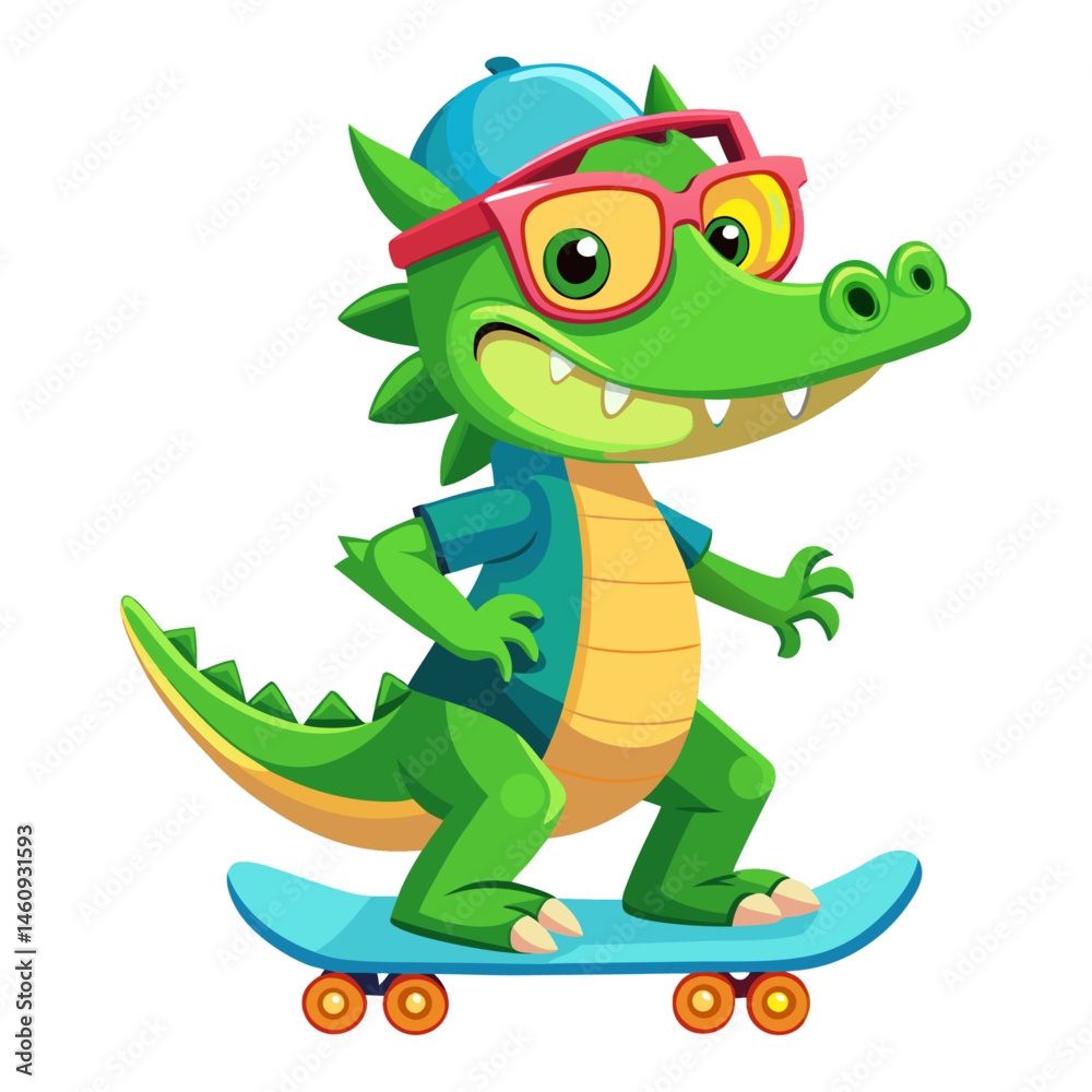 Fototapeta premium A vibrant, detailed, and funny cartoon Crocodile wearing sunglasses on a skateboard, 3D rendered