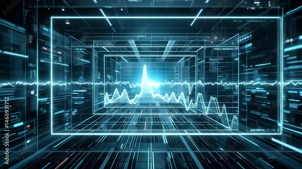 Abstract HUD interface showing glowing pulse-like wave graphs and line animations moving rhythmically
