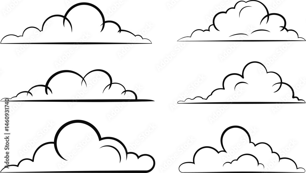 Set of six simple hand drawn outlined clouds for weather and climate related designs
