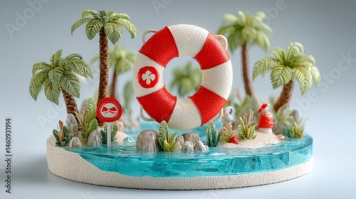 Summer Beach Paradise  Life Ring  Palm Trees  Island Scene