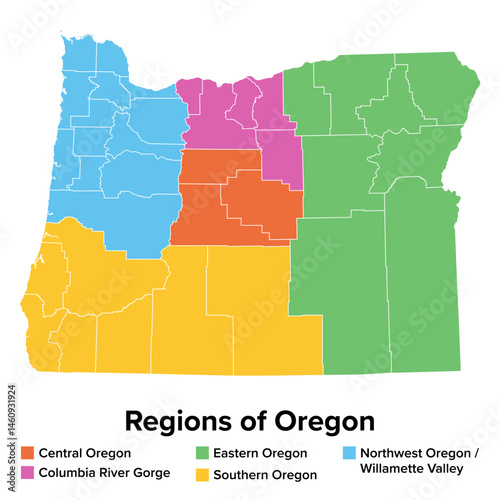 Main regions of Oregon, political map. State in the Pacific Northwest of USA, divided into the 5 regions Columbia River Gorge, Central, Eastern, Southern, and Northwest Oregon with Willamette Valley.