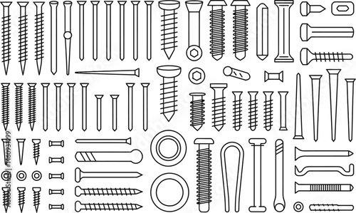 Vector illustration of assorted construction fasteners including screws nails and bolts
