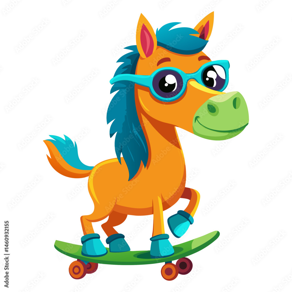 Fototapeta premium A vibrant, detailed, and funny cartoon Horse wearing sunglasses on a skateboard, 3D rendered