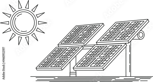 Black and white illustration of solar panels harvesting energy from the sun