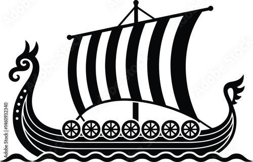 Vector illustration of a stylized viking longship with sail and decorative dragon head design