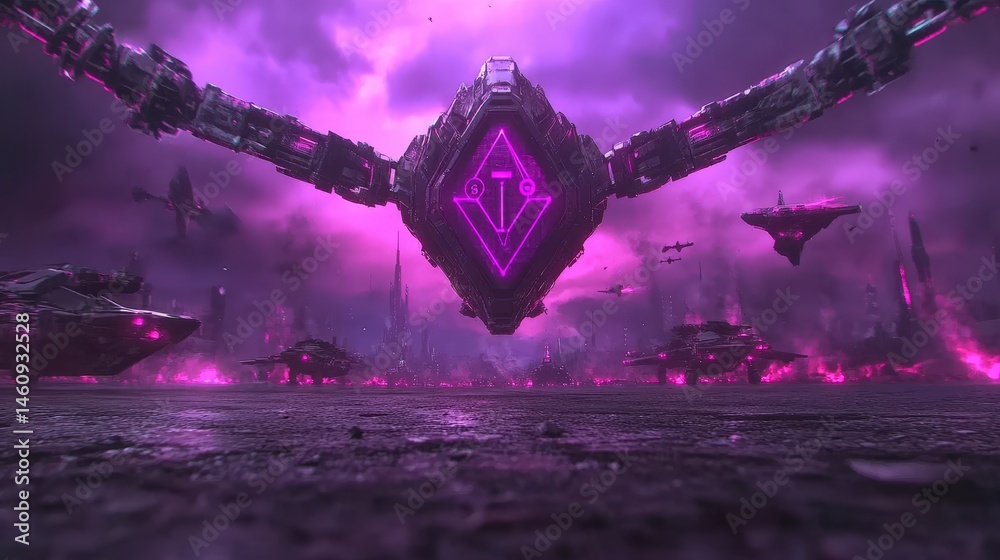Futuristic Spaceships Over Purple Alien City Sci Fi Artwork