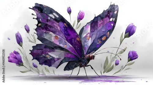 Majestic Purple Butterfly Watercolor Painting  Floral Art  Nature Illustration