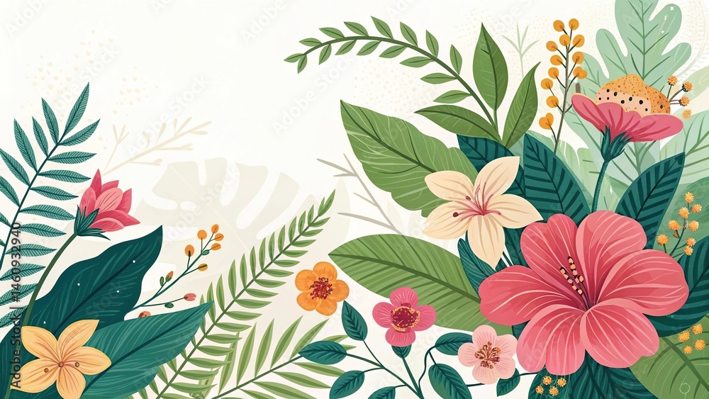 Fototapeta premium Vibrant tropical floral arrangement against a clean off white background illustration