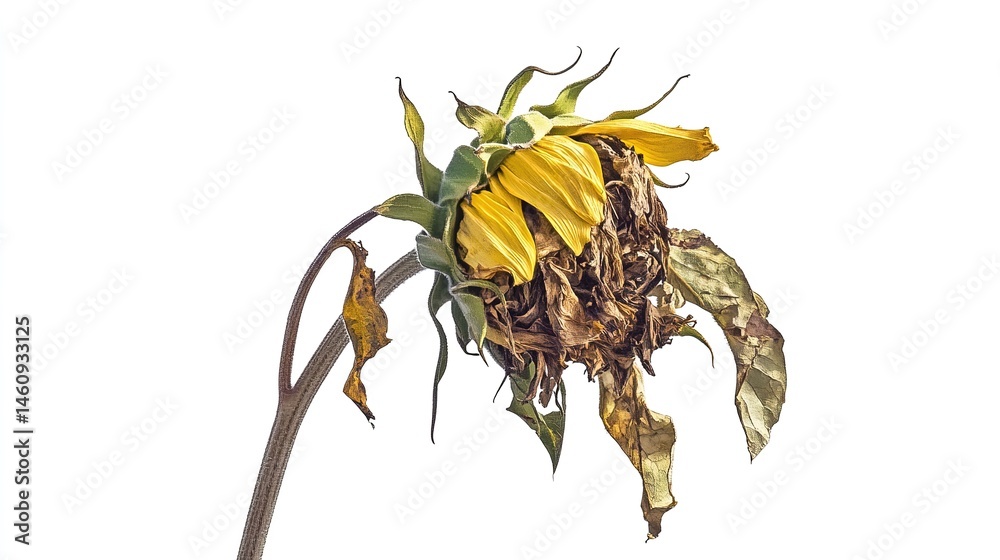 Obraz premium Wilted Sunflower Struggling Under the Scorching Sun in Nature Isolated on Transparent Background. Cutout of Resilient Beauty.