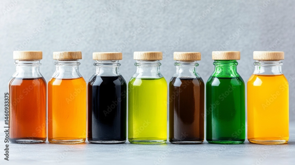 A vibrant display of colorful glass bottles filled with various oils showcasing a spectrum of hues from amber to green A vibrant display of colorful glass bottles filled with various oils showcasing a spectrum of hues from amber to green
