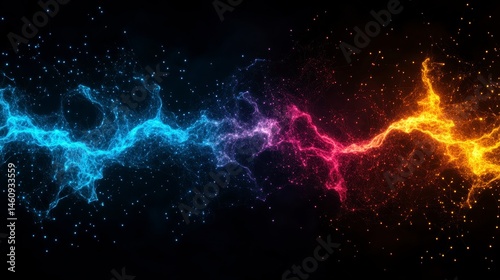 A vibrant fusion of colorful energy streams representing a cosmic battle between blue, pink, and orange hues in a dark void