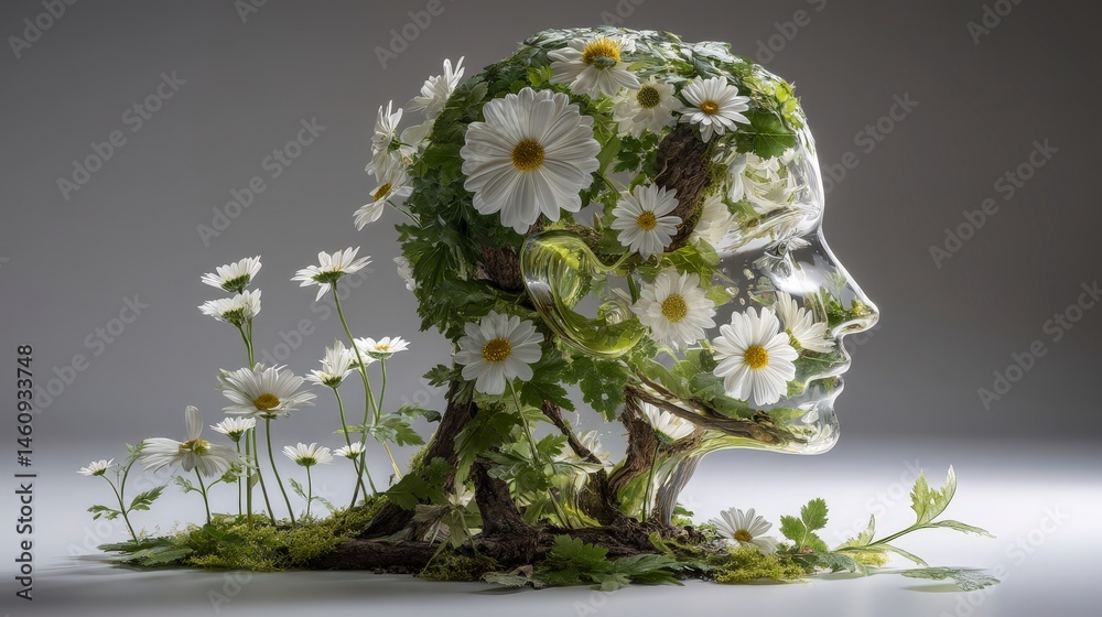 Surreal Glass Head with Daisies Nature Fusion Minimalist Art