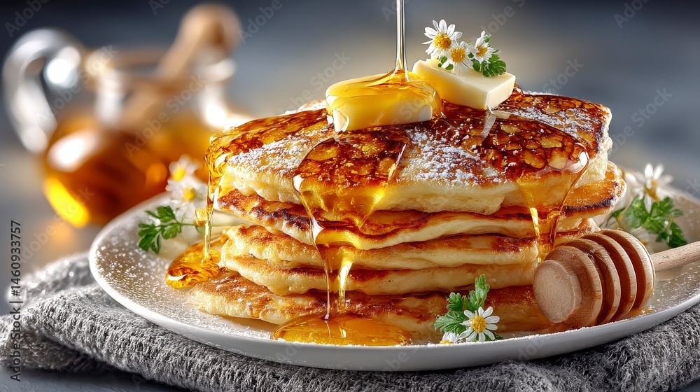 Delicious Buttery Pancakes with Honey Drizzle Breakfast Food Photography