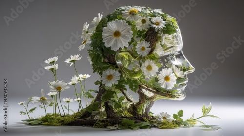 Obraz na płótnie Surreal Glass Head with Daisies Nature Fusion Minimalist Art w salonie