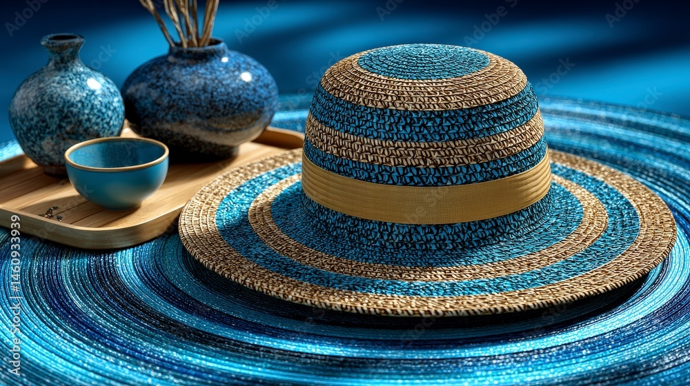 Stylish Blue and Beige Straw Sun Hat Summer Fashion Accessory Minimalist Product Photogr
