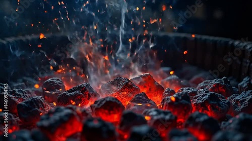 Extreme close-up of glowing red-hot charcoal beneath a grill, with grease droplets falling in slow motion and triggering tiny bursts of flame