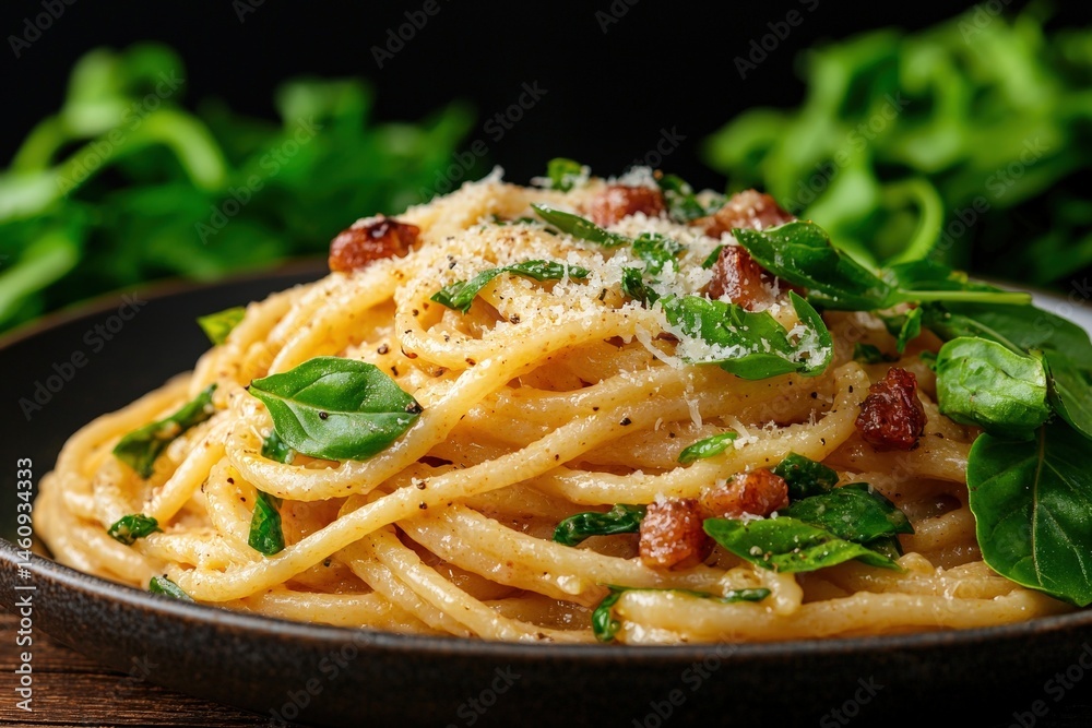 Fototapeta premium Delicious spaghetti carbonara with bacon and basil.