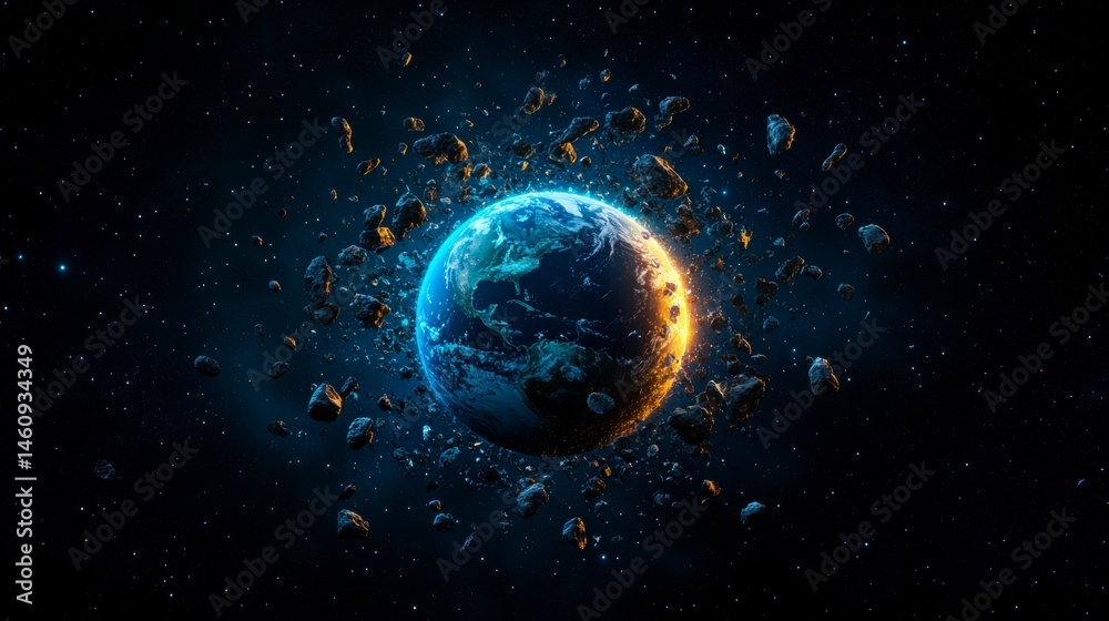 Obraz premium An awe-inspiring view of Earth surrounded by a field of asteroids in the dark expanse of space, highlighting cosmic wonders and environmental themes