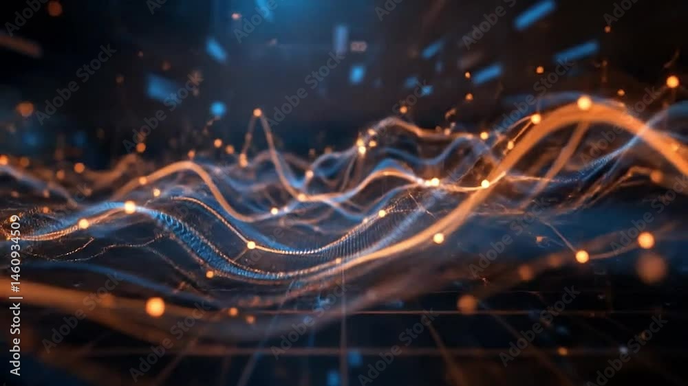 Flowing animated line charts moving rhythmically across a grid, glowing data points and lines bending smoothly
