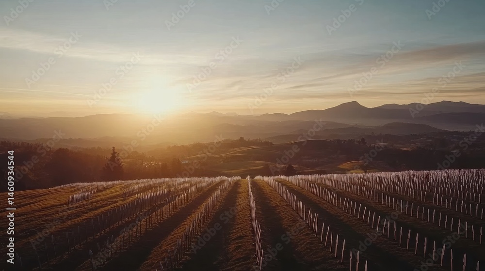 Obraz premium Vineyard Sunrise: Rows of Vines Bathed in Golden Light