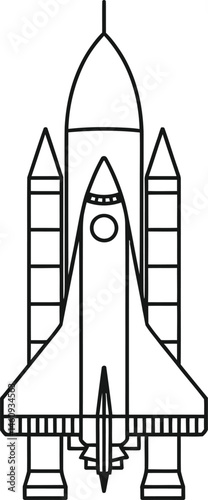 Simple black and white illustration of a space shuttle with detailed outlines and structures