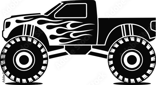 Black and white illustration of a monster truck with flame design tires and large wheels.