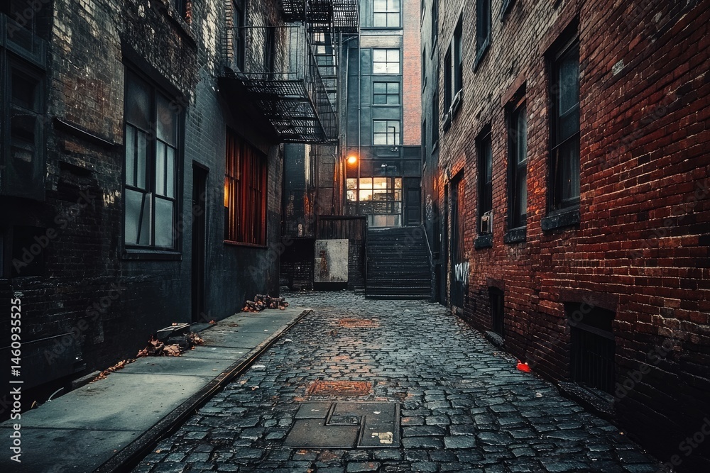 Fototapeta premium Urban alleyway, dusk. Cobblestone path, old brick buildings, fire escapes