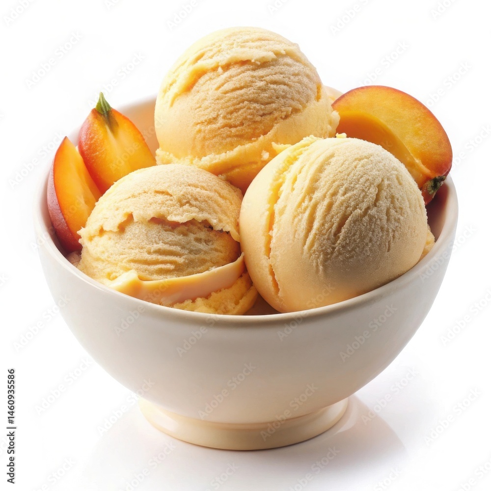 Creamy peach ice cream scoops served in a bowl with fresh peach slices Creamy peach ice cream scoops served in a bowl with fresh peach slices