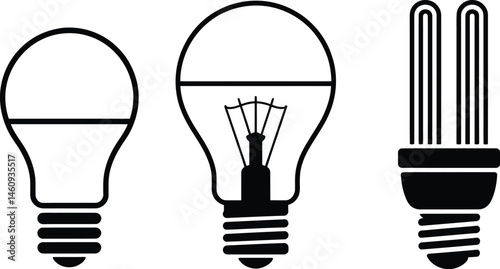 Black and white illustration comparing led, incandescent, and fluorescent light bulbs for energy efficiency
