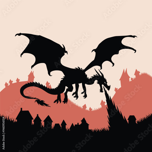 Fire-breathing Dragon Flying Around Castle vector illustration