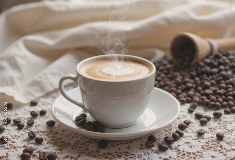 Obraz premium Steaming cup of coffee with heart-shaped latte art on a lace tablecloth
