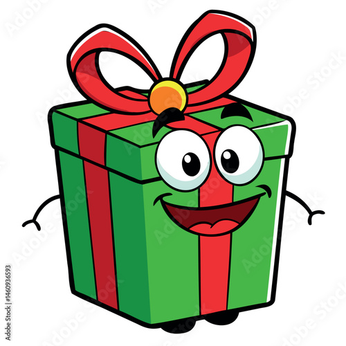 Illustration of a playful gift character featuring arms, legs, and a smiling face.