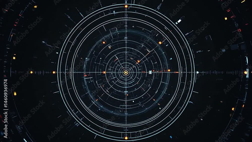 Minimal radar interface viewed from above, featuring rotating sweeps, target markers, and blinking dots on a black background