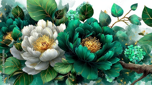 Elegant Watercolor Floral Illustration  White   Emerald Green Peonies  Hydrangeas  Roses