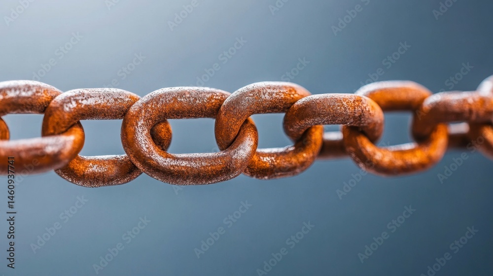 Obraz premium Close-up view of an interlinked chain showcasing its weathered texture and sturdy construction against a neutral background
