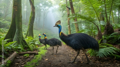 Cassowary Stroll: A captivating image of three cassowaries navigating a lush, verdant forest pathway, showcasing their striking plumage and imposing presence within the heart of the jungle.