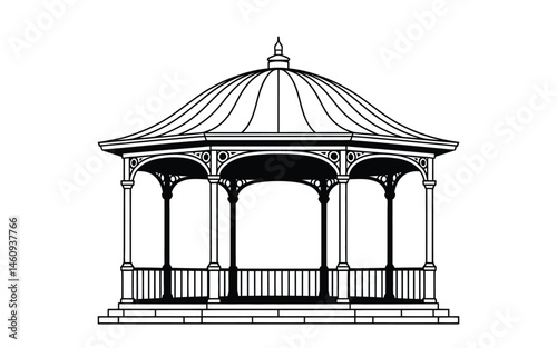 Classic black and white vector illustration of a gazebo suitable for various design projects