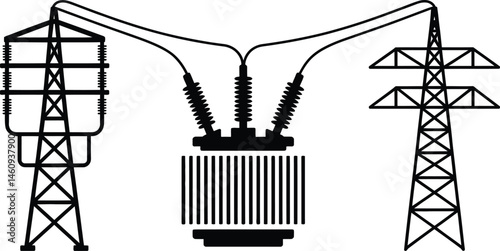 Black and white illustration of electricity grid infrastructure connecting power towers to transformer