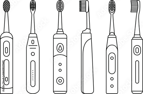 Various electric toothbrushes illustrated in black and white for dental care hygiene and health
